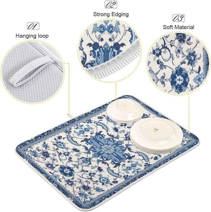 Dish Drying Mat Kitchen Counter Absorbent Blue and White Pattern Coffee Sink - Image 4