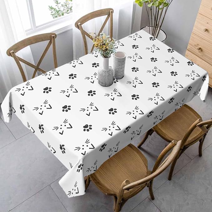 Cat Faces and Paws Rectangular Tablecloth Cartoon Cute Footprint 52x70 Table by Unknown