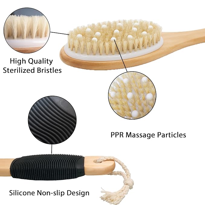 OWIIZI Bath Brush with Cellulite Massagers, Wooden Curved Long Handle Antiskid - Image 2