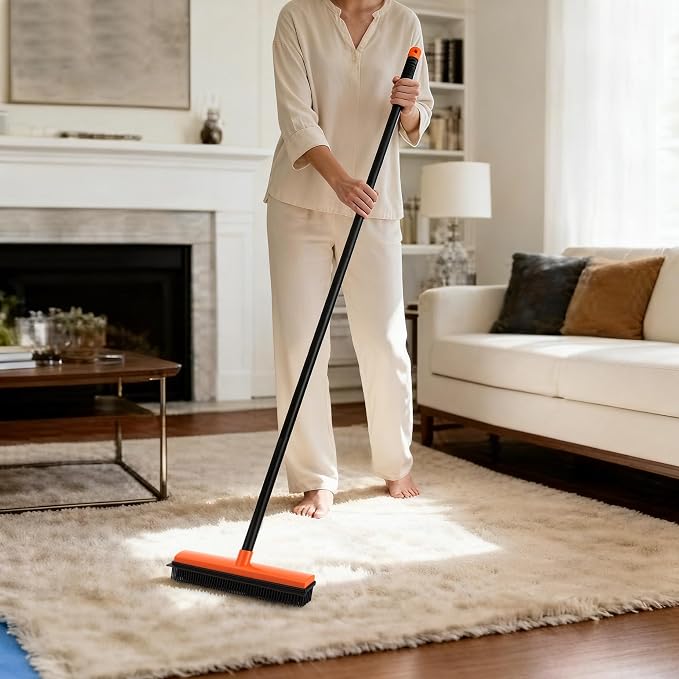 Rubber Broom for Pet Hair on Carpet & Stairs, Adjustable Long Handle Rubber - Image 2