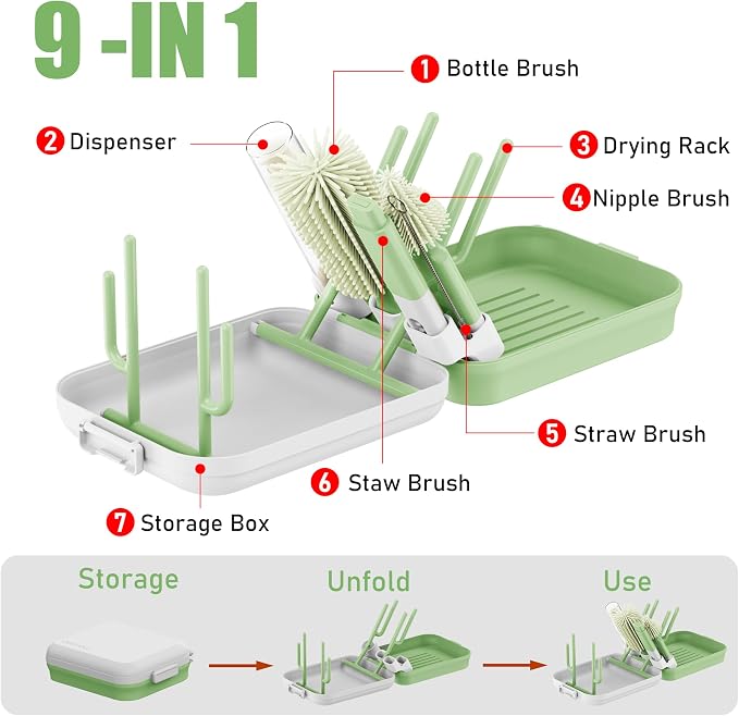 Baby Bottle Brush Set with Drying Rack, Portable Silicone Bottle Cleaner Kit - Image 7