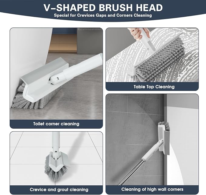 Floor Scrub Brush with Long Handle, 2 in 1 V-Shape Grout Brush with Squeegee + - Image 4
