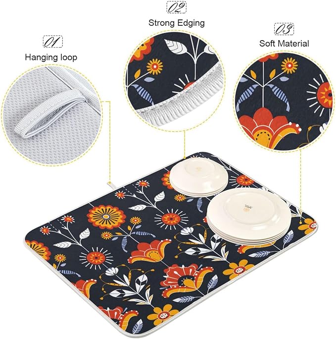 Floral Pattern Traditional Folk Art Dish Drying Mat - Image 4