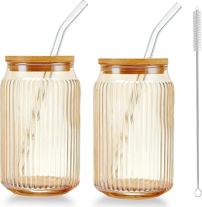 2 PCS Glass cups with Lids and Straws, 16 OZ Iced Coffee Cups, Ribbed Glass by Unknown