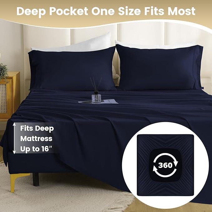 California King Sheet Set Deep Pocket - 4 Piece Silky Soft Breathable Bed Sheet & Pillowcase Set, Hotel Luxury Wrinkle Free Cooling Bedding Sheets Cal King Size, Dark Blue