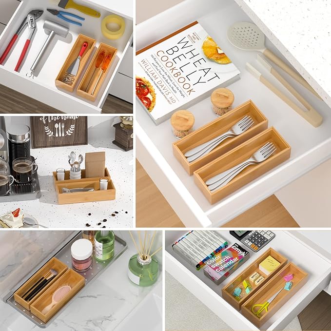 Silverware Tray for Drawer, Stackable Kitchen Bamboo Drawer Organizer 9" x 3" x - Image 6