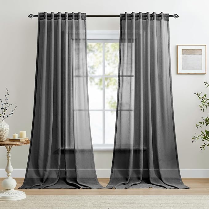 Dreaming Casa Black Sheer Curtains 96 Inches Long, Rod Pocket & Back Tab Light Filtering Textured Sheers for Living Room Bedroom, 2 Panels, Each 52" W x 96" L