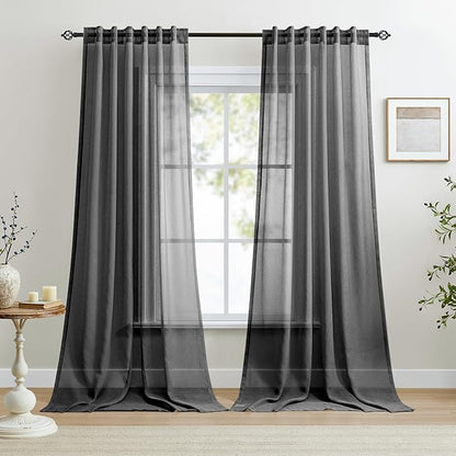 Dreaming Casa Black Sheer Curtains 96 Inches Long, Rod Pocket & Back Tab Light Filtering Textured Sheers for Living Room Bedroom, 2 Panels, Each 52" W x 96" L