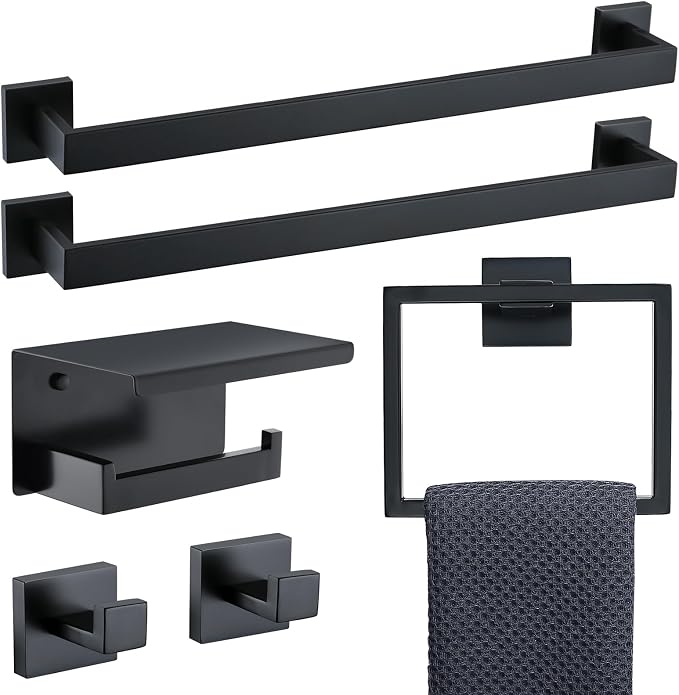 TNOMS 6-Piece Black Bathroom Hardware Set 23.6 Inch Towel Bar Set Double Towel by TNOMS