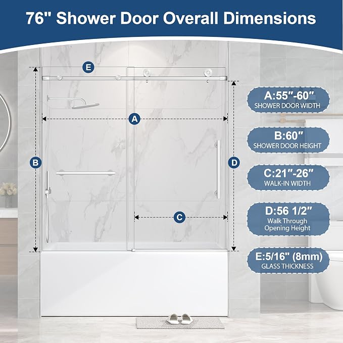 Frameless Tub Sliding Door, 5/16" Bathtub Shower Door - Image 2