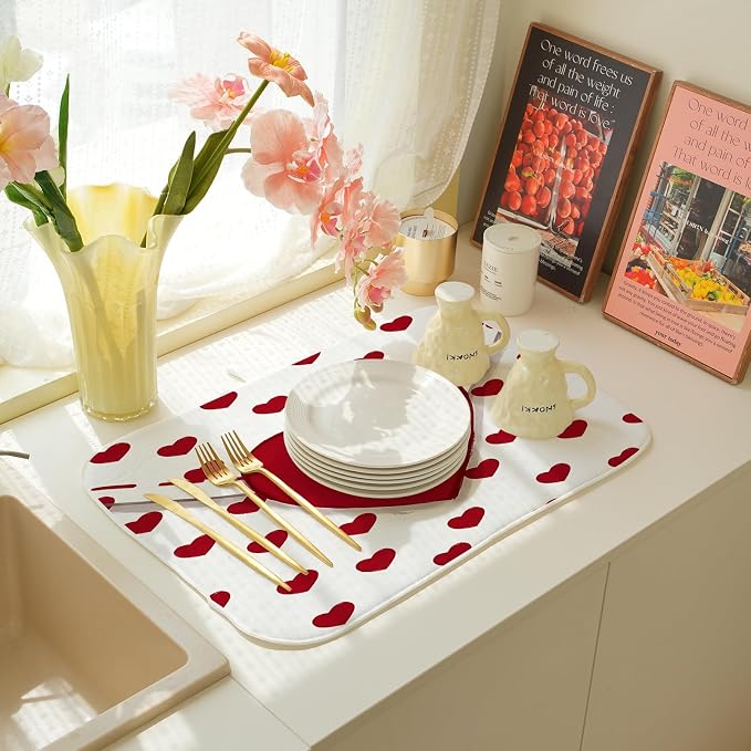 Valentines Dish Drying Mat 18x24 Inch Red Hearts Dish Drainer Protector Pad - Image 6