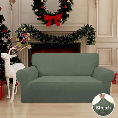 Easy-Going Stretch Loveseat Slipcover 1-Piece Sofa Cover Furniture Protector Couch Soft with Elastic Bottom for Kids Polyester Spandex Jacquard Fabric Small Checks (Loveseat, Greyish Green)