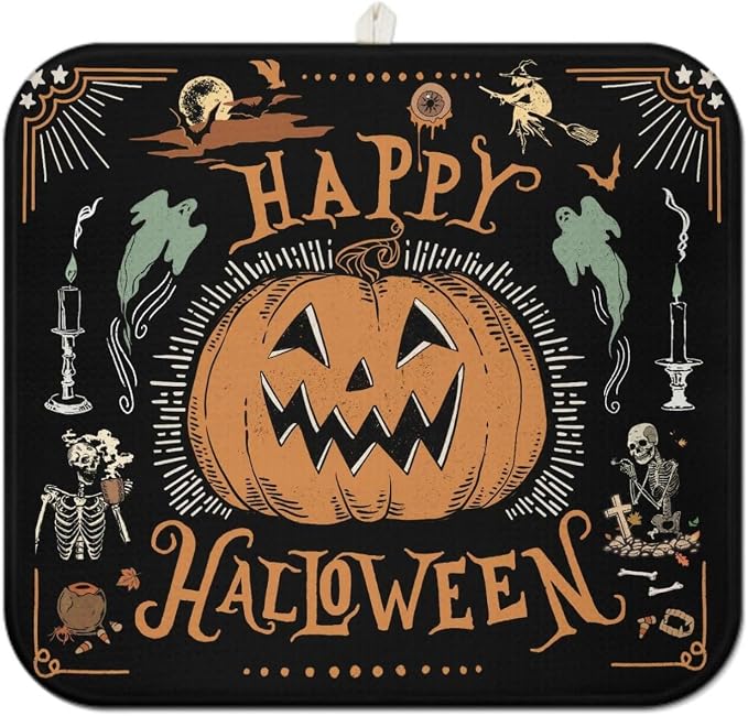 Halloween Dish Drying Mat for Kitchen Counter, Vintage Halloween Pumpkin Skull by Unknown