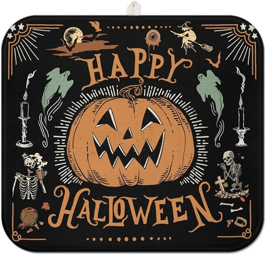 Halloween Dish Drying Mat for Kitchen Counter, Vintage Halloween Pumpkin Skull by Unknown