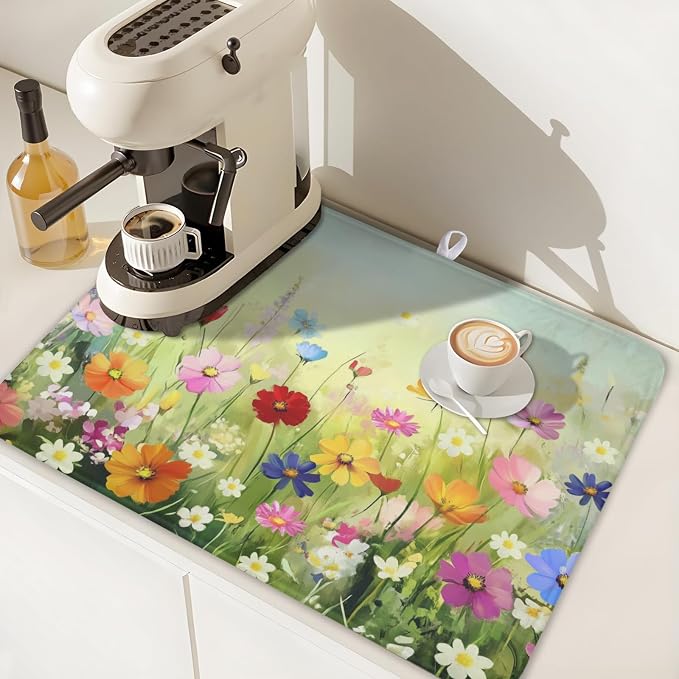 Spring Summer Daisy Dish Drying Mat 18 x 24 Inch Colourful Floral Pattern Dish - Image 7