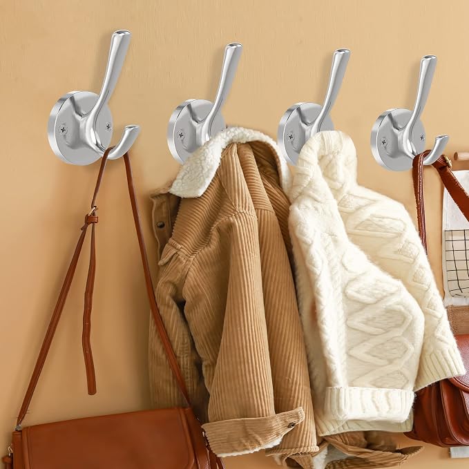 Brushed Nickel Wall Hooks, 4 Pack Heavy Duty Coat Towel Hook Metal Double Hook - Image 6