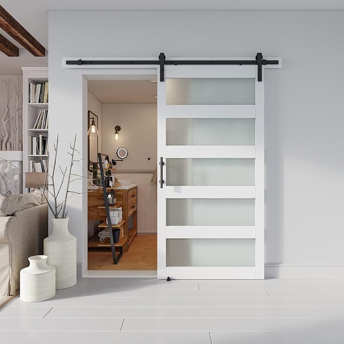 42'' x 84'' Glass Barn Door and 7 Ft Hardware Kit Included, MDF White Barn Door - Image 6
