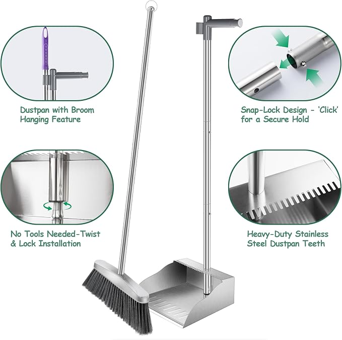 Dust Pans with Long Handle, Heavy Duty Metal Dust Pan with Handle, Upright - Image 3