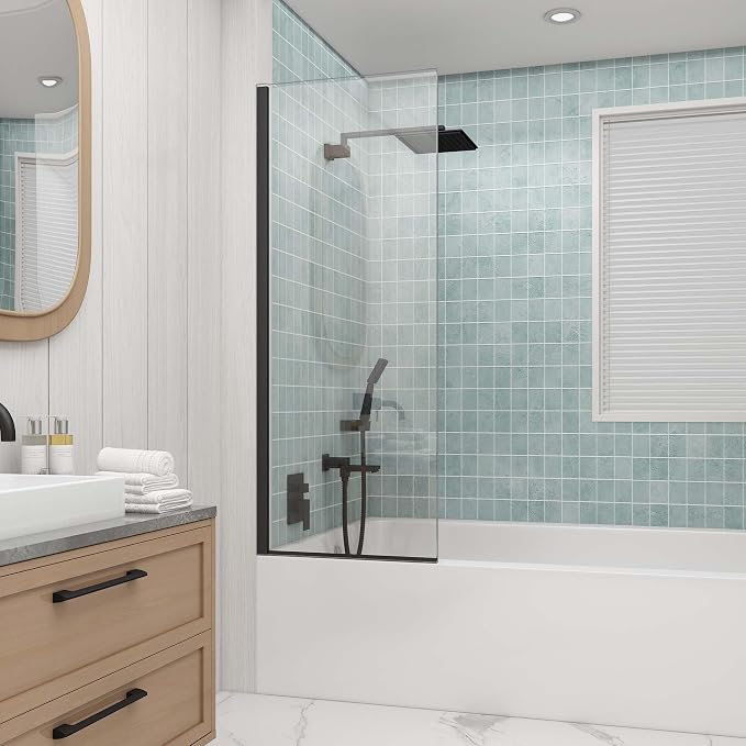 Sunrosa 24"×60" Bathtub Glass Panel, 8mm Thick Shower Screen, Matte Black by ElevateYourEverydayShower