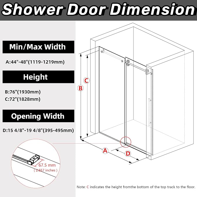 Sunrosa Frameless Shower Door, 44-48" W x 76" H Sliding Shower Door - Image 6
