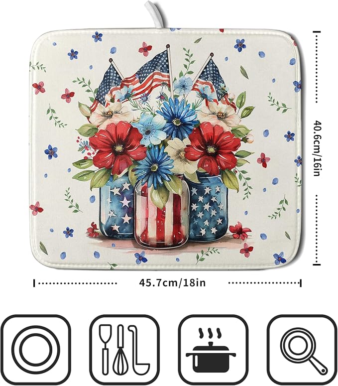 Giwawa American Patriotic Floral Dish Drying Mat Flower Vase Drainer Rack Mats - Image 2