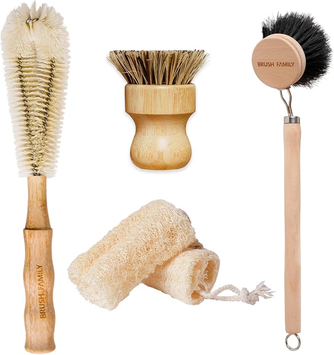 5-Pieces Bamboo Dish Brush Set by BRUSHFAMILY