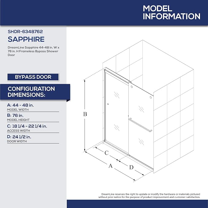DreamLine Sapphire 44-48 in. W x 76 in. H Semi-Frameless Bypass Shower Door in - Image 3