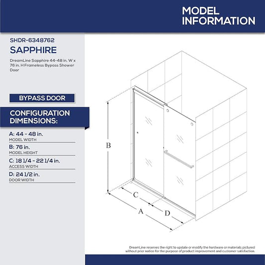 DreamLine Sapphire 44-48 in. W x 76 in. H Semi-Frameless Bypass Shower Door in - Image 2