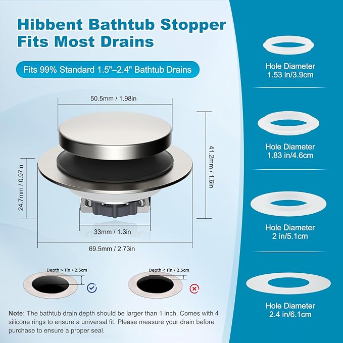 Hibbent 2 Pack 3 in 1 Metal Bathtub Drain Stopper, Universal Pop Up Tub Stopper - Image 3