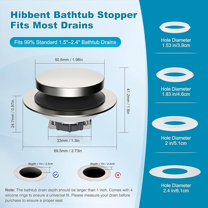 Hibbent 3 in 1 Metal Bathtub Drain Stopper, Universal Pop Up Tub Stopper - Image 3