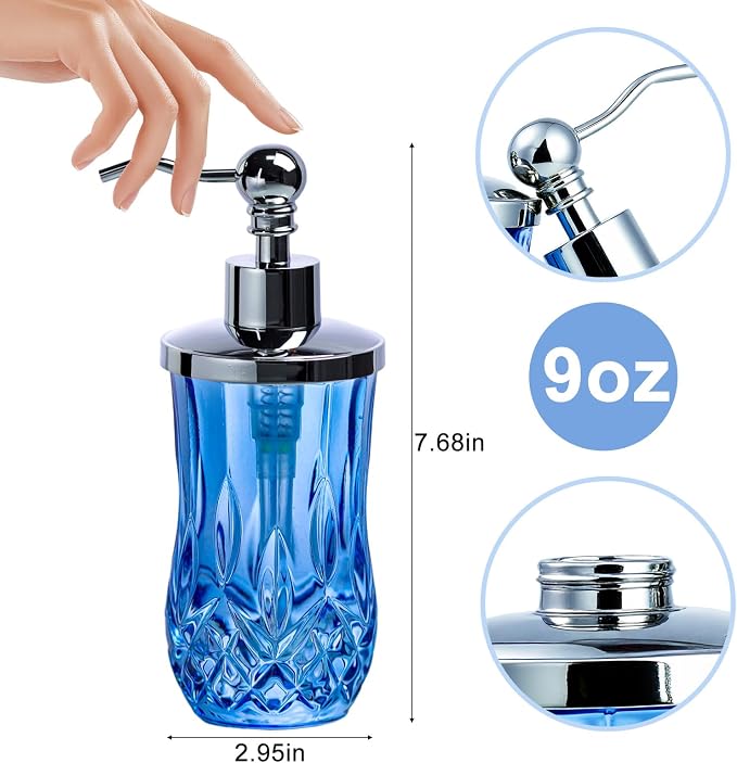 9Oz Diamond Grid Pattern Blue Glass Soap Dispenser - Image 7