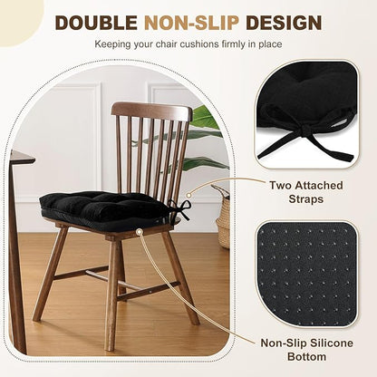 downluxe Indoor Chair Cushions for Dining Chairs, Tufted Overstuffed Textured Foam Kitchen Chair Pads with Ties and Non-Slip Backing, 15.5" x 15.5" x 4", Black, 4 Pack