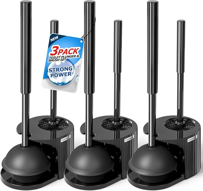 3Pack Toilet Brush and Plunger Set, Extended Handle Plunger, Toilet Bowl Brush by FORASTO