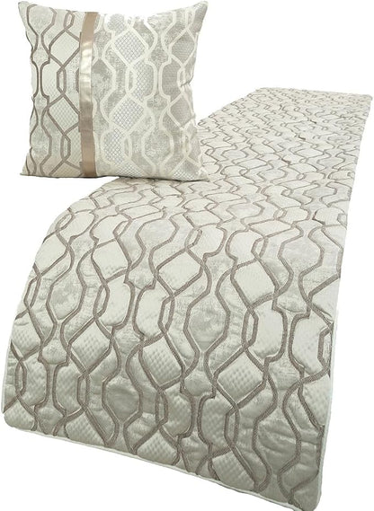 The HomeCentric King/Queen/Twin Ivory & Silver Decorative Full 68"x18" Bed Runner Without Pillow Cover, Lattice & Quilted Bed Scarf on Jacquard Silk Fabric - Ivory Delicacy