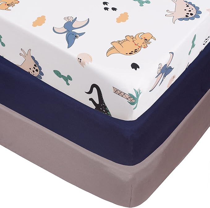 Belsden Pack of 3 Dinosaur Fitted Crib Sheet Set for Baby Boy, Universal Fits Standard Size Crib and Toddler Mattress 28" x 52", Soft Breathable and Machine Washable, Dino & Navy & Gray