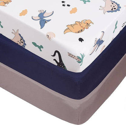 Belsden Pack of 3 Dinosaur Fitted Crib Sheet Set for Baby Boy, Universal Fits Standard Size Crib and Toddler Mattress 28" x 52", Soft Breathable and Machine Washable, Dino & Navy & Gray