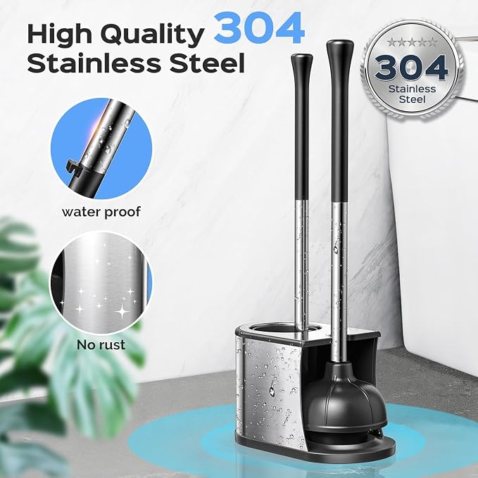 HAMITOR Toilet Plunger and Brush Set: 2 Pack 2 in 1 Stainless Steel Rustproof - Image 3