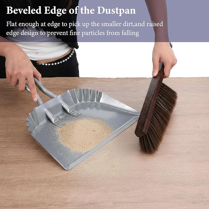 2pcs Metal Dustpan and Brush Set, 12In Extra Large Handheld Dust Pan and Wood - Image 6