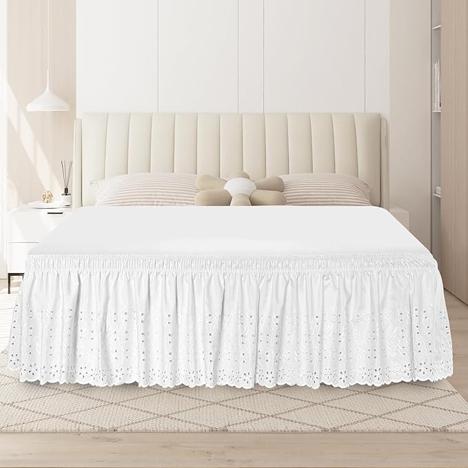 King Bed Skirt, Wrap-Around Elastic Ruffled Eyelet Bed Skirt King Size Dust Ruffle with Gathered Styling and Embroidered Details, 18" Drop Length (White)