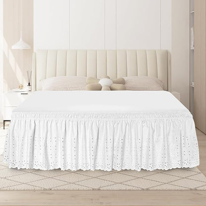 King Bed Skirt, Wrap-Around Elastic Ruffled Eyelet Bed Skirt King Size Dust Ruffle with Gathered Styling and Embroidered Details, 18" Drop Length (White)