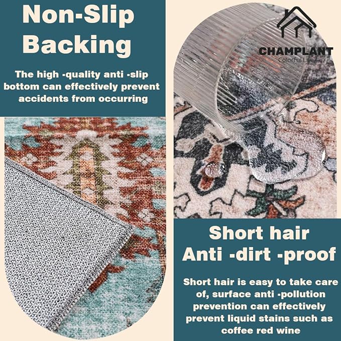 Washable Area Rug 8'x10' Retro Boho Design Non-Shedding Non-Slip Easy Care Ideal for High Traffic Areas in Living Room Bedroom Office Coffee Table Kitchen Large Carpet