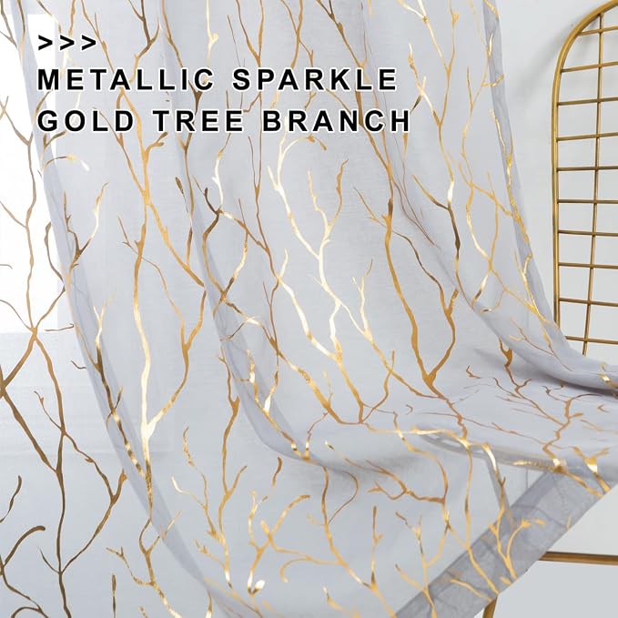 FINECITY Gold Grey Sheer Curtains 72 Inches Long 2 Panels Metallic Gold Shimmer - Image 5