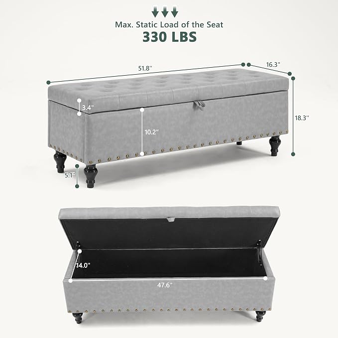 51.8’’ Storage Ottoman Bench, Faux Leather Ottoman - Image 2