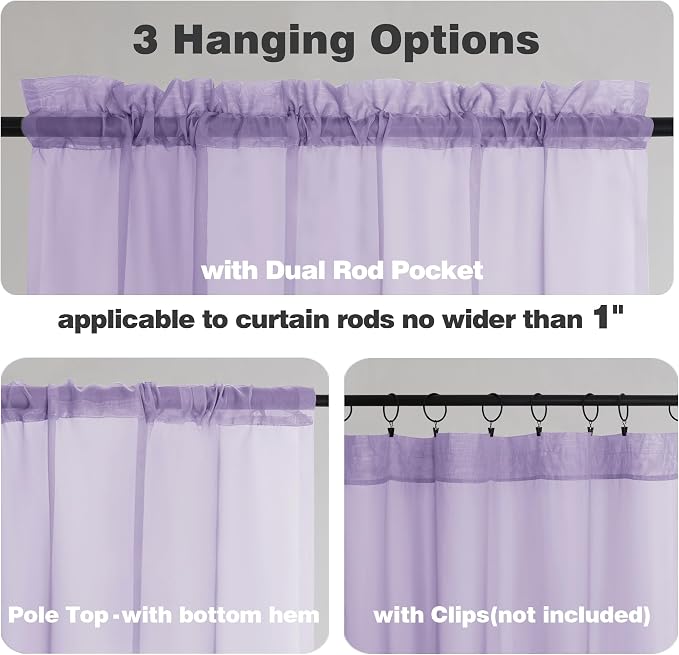 Chyhomenyc Lilac Sheer Curtains 54 Inch Long 2 Panels, Light Filtering Rod - Image 3