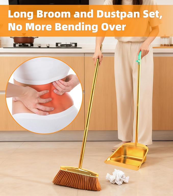Gold Stainless Steel Broom and Dustpan Set, 2-Piece Long Handle Standing Pan - Image 4