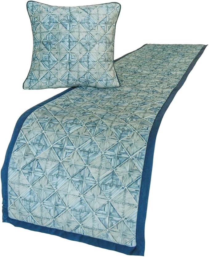 The HomeCentric King/Queen/Twin Blue Designer Queen 74"x18" Bed Runner Without Pillow Cover, Indigo, Printed & Quilted Bed Scarf on Suede Fabric - Indigo Centric