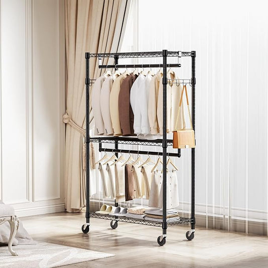 Heavy Duty Rolling Garment Rack 3 Tiers Adjustable Wire Shelving Clothes Rack - Image 2