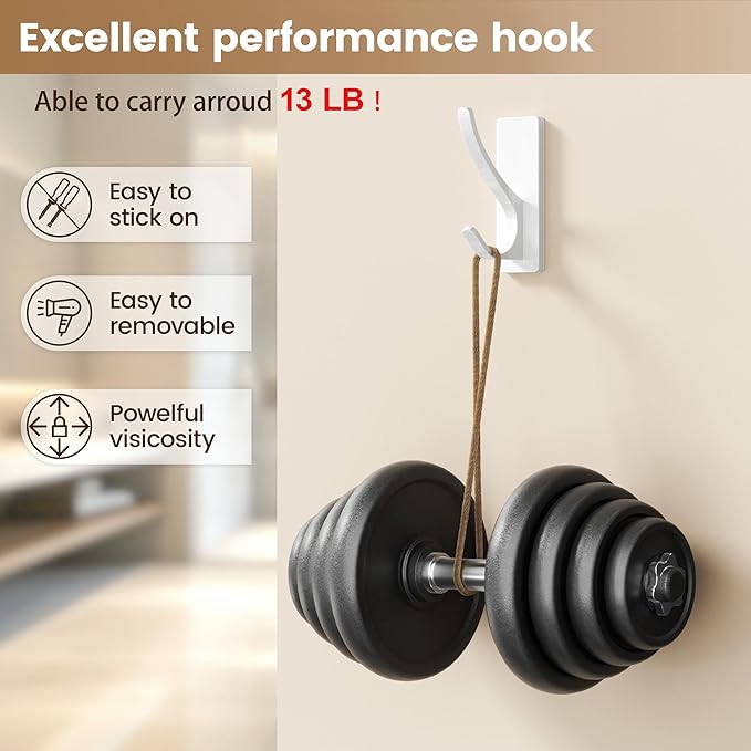 White Self Adhesive Coat Hooks for Hanging, Heavy Duty Stainless Double Wall - Image 2