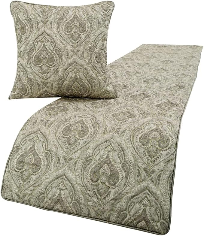 The HomeCentric King/Queen/Twin Grey Designer Full 68"x18" Bed Runner with 2 Pillow Cover, Quilted, Damask& Gold Zari Embroidery Bed Scarf on Silk Fabric - Winifred