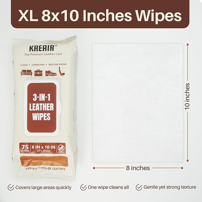 3in1 Leather Wipes 75 XL Count, Condition & Restore Shine, Extra-Large 8"x10" - Image 3